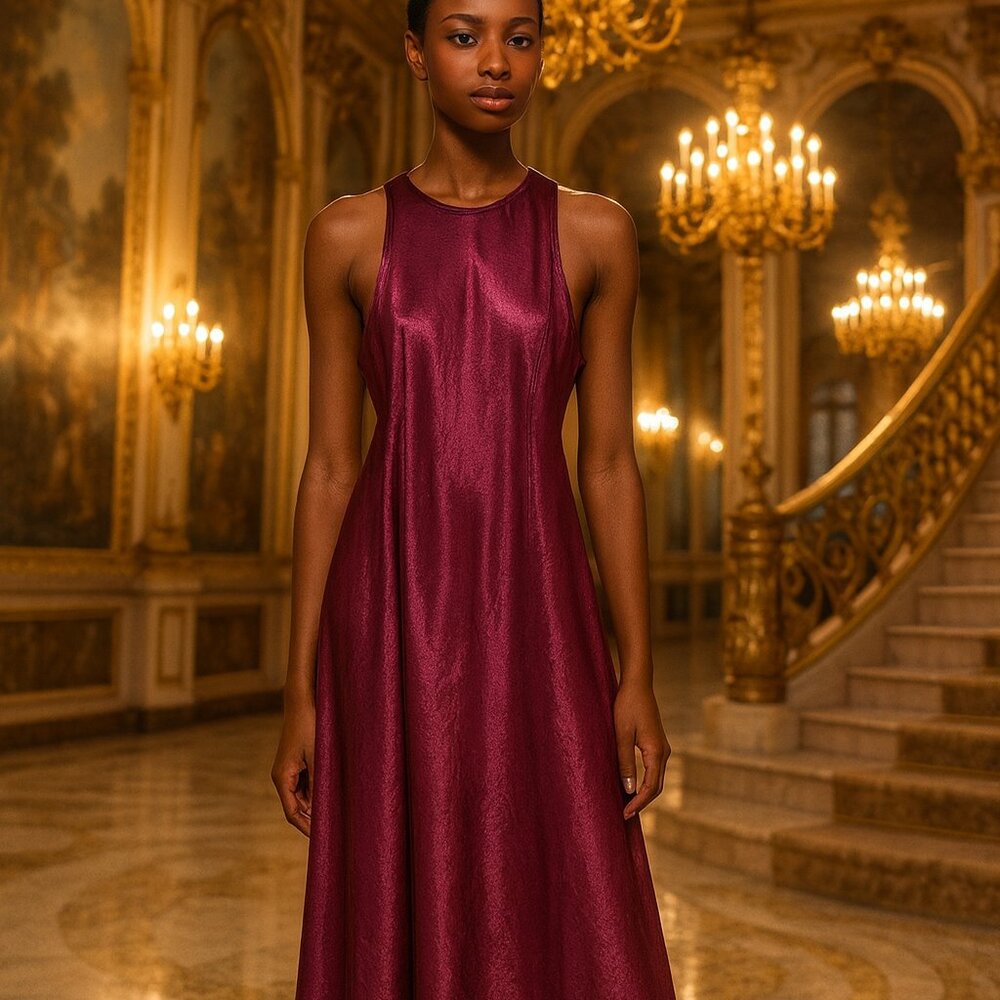House Of Harlow 1960 Wine Satin Crinkled High-Neck Sleeveless Slip Dress